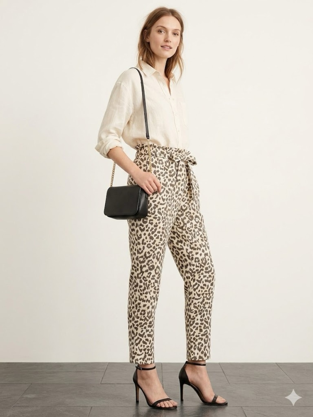 J. Crew Leopard Print Linen-Blend Paperbag Pants Cream & Brown - Picture 1 of 10